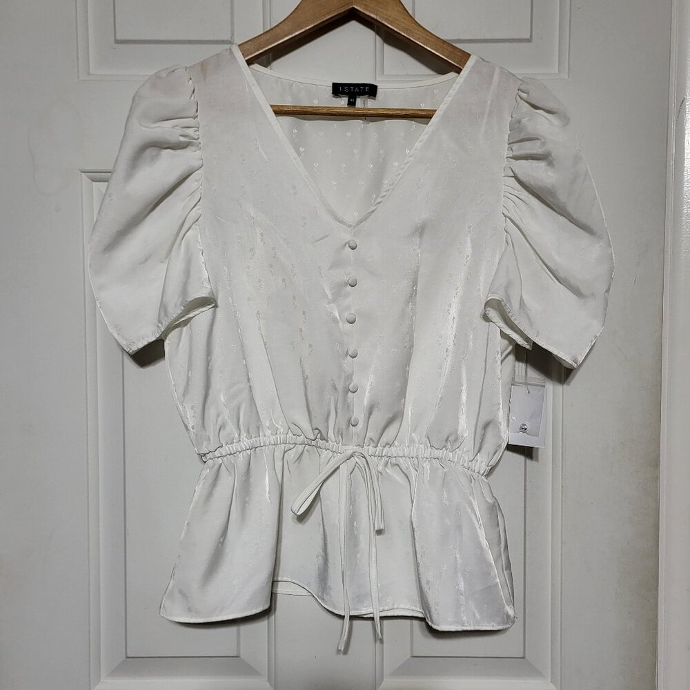 1.State White Floral Button Front V-Neck Puff Sleeve Peplum Blouse